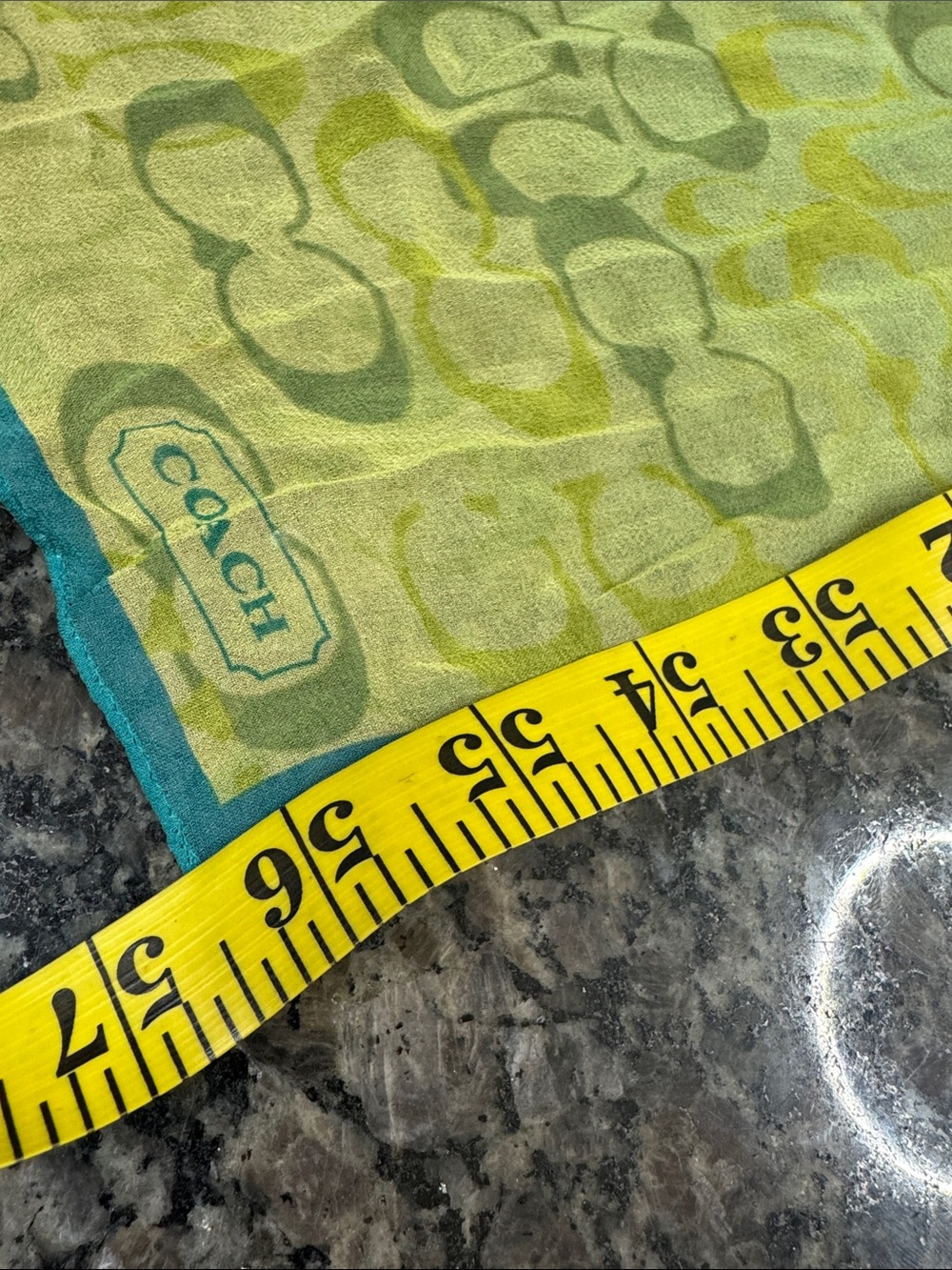 Coach silk Lime Green and Teal Logo Print Scarf - Picture 6 of 12